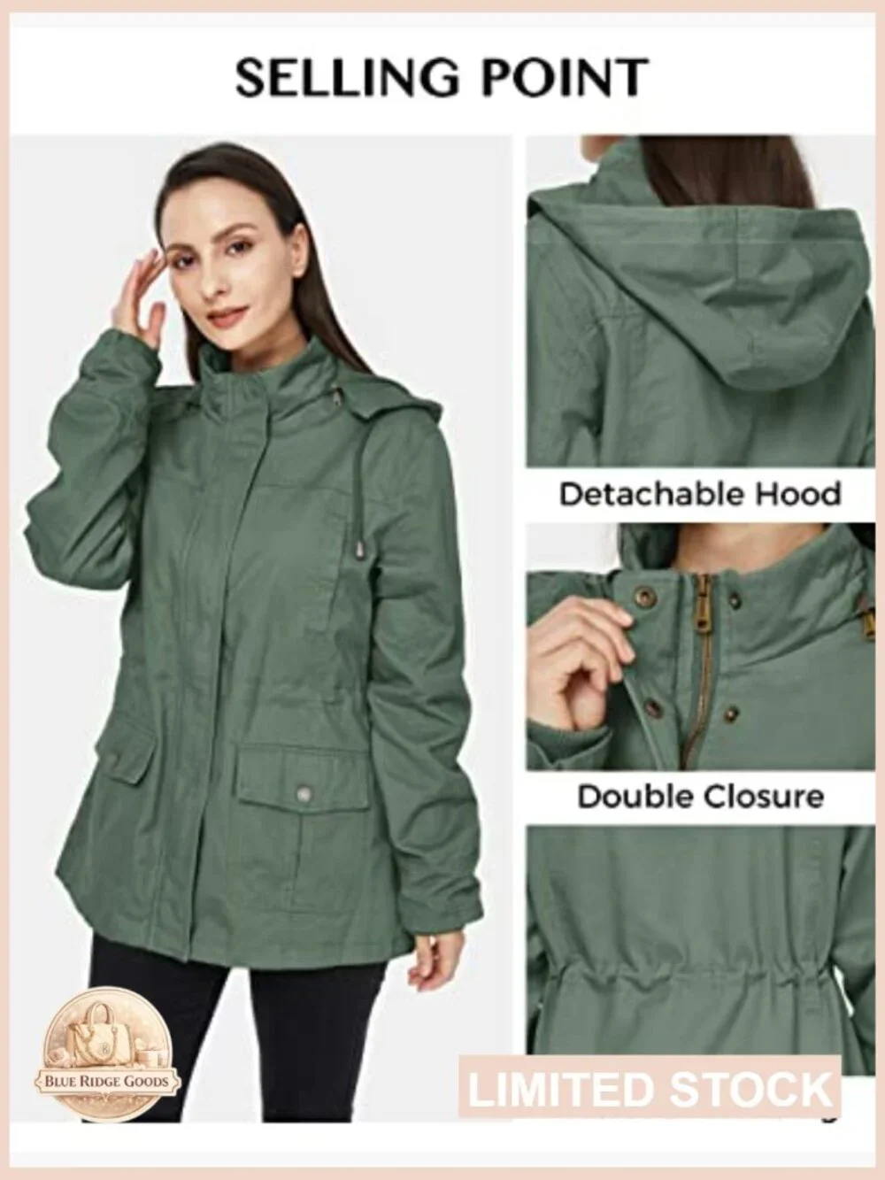 Women's Cotton Military Jacket Lightweight Anorak Coat with Hood Utility Pockets - Picture 5 of 7